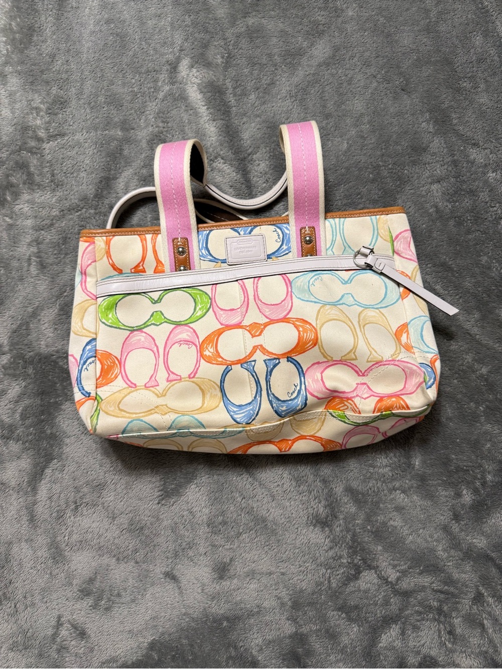 Coach Multicolor Signature Canvas Tote with Pink Handles